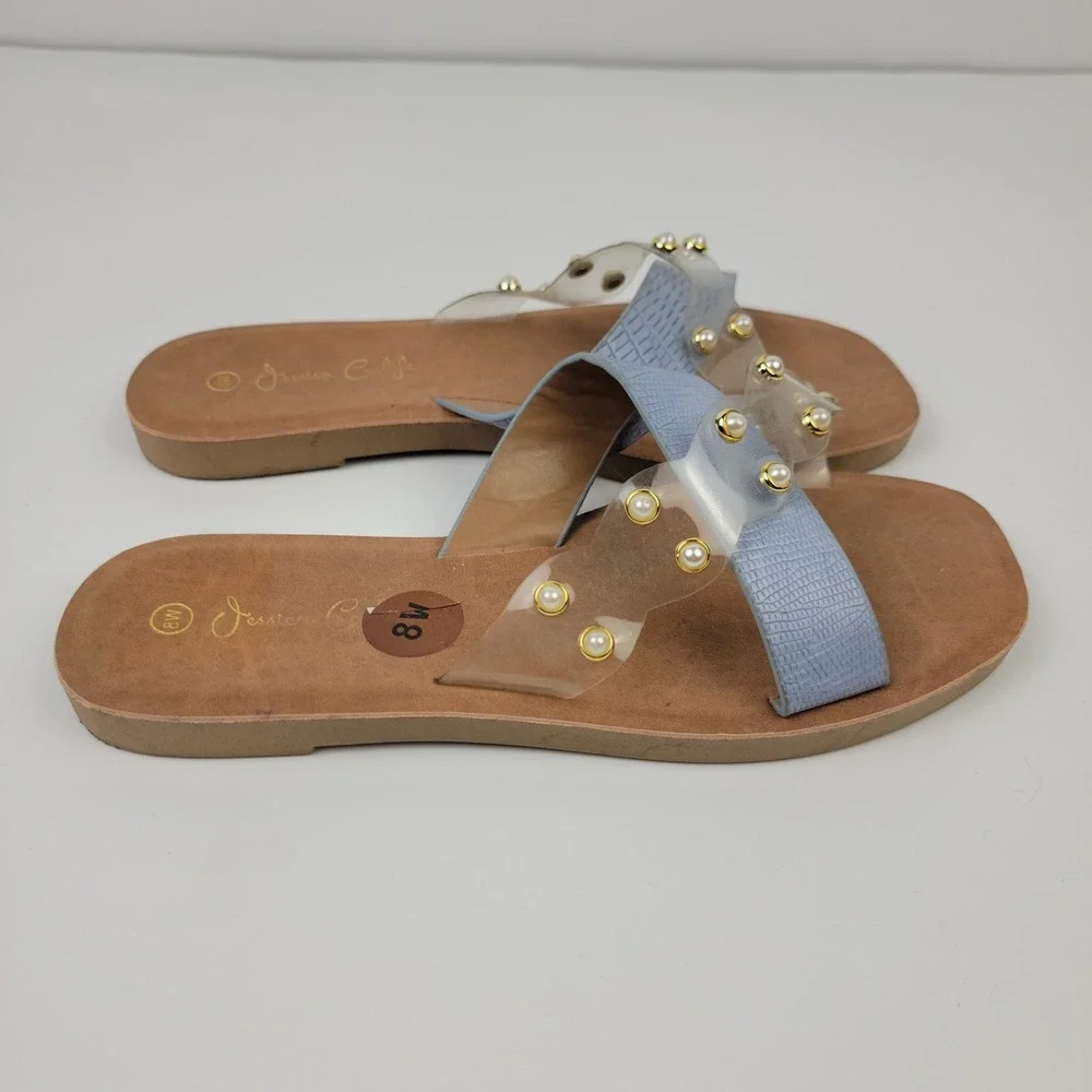Jessica Carlyle Womens 8W Blue Faux Croc Pearl Clear Strap Slide Sandals